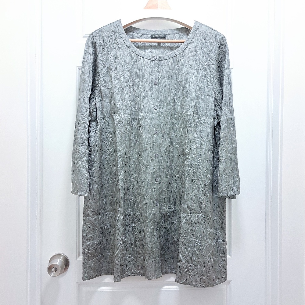 Eileen Fisher Silk Crinkle Button Front Tunic Size XL